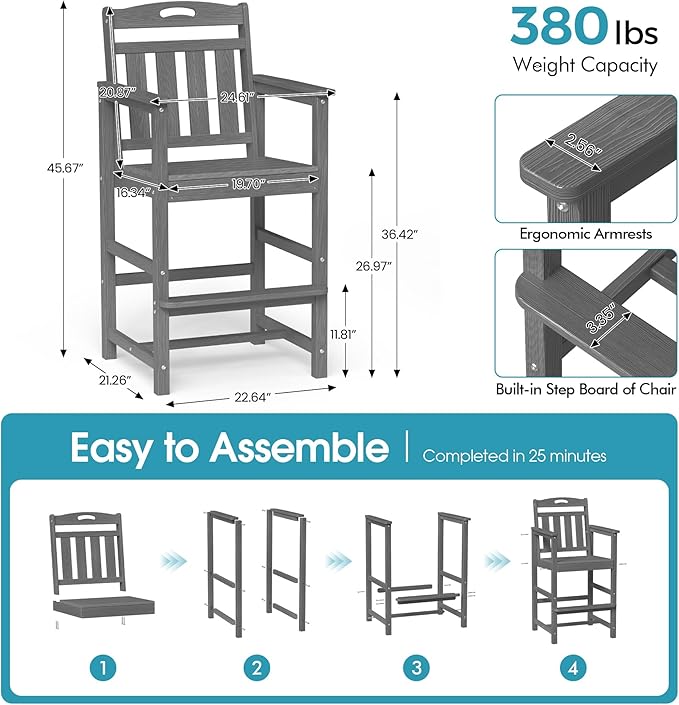 Ciokea Heavy Duty Bar Height Chair, 380lbs Outdoor Adirondack Tall Bar Chair Patio Stool with Arms & High Back, Heavy Duty All-Weather for Balcony, Poolside, Deck and Garden, Grey