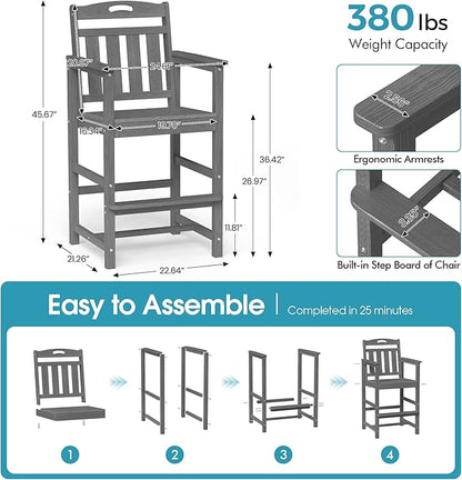 Ciokea Heavy Duty Bar Height Chair, 380lbs Outdoor Adirondack Tall Bar Chair Patio Stool with Arms & High Back, Heavy Duty All-Weather for Balcony, Poolside, Deck and Garden, Grey
