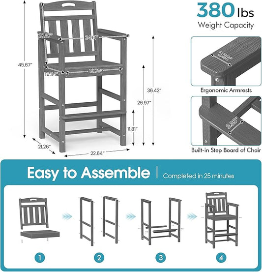 Ciokea Heavy Duty Bar Height Chair, 380lbs Outdoor Adirondack Tall Bar Chair Patio Stool with Arms & High Back, Heavy Duty All-Weather for Balcony, Poolside, Deck and Garden, Grey