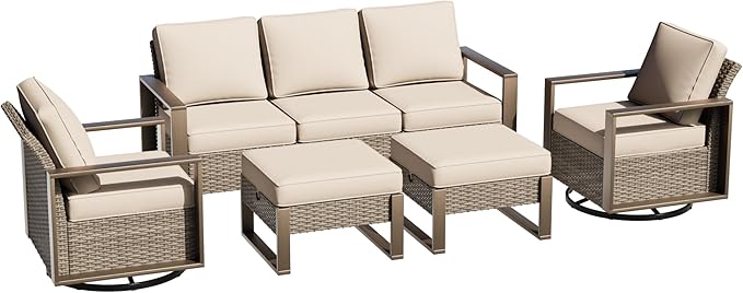 5 Pieces Metal Wicker Patio Furniture Set with 75" Sofa, Two Swivel Chairs and Two Ottomans, All Weather Rattan Outdoor Conversation Furniture with Washable Cushions for Porch, Beige