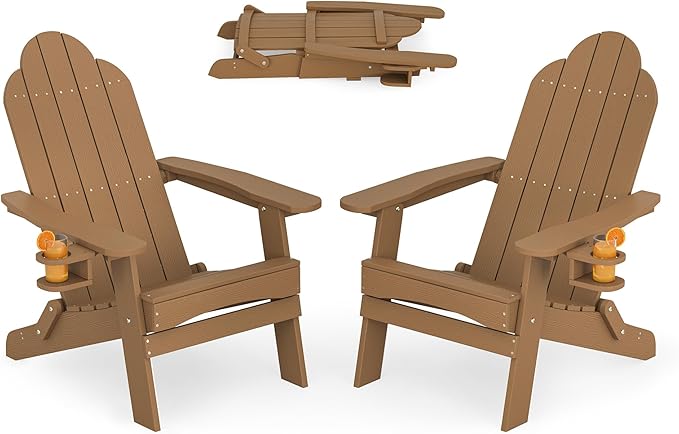 LUE BONA Folding Adirondack Chair, Chairs Set of 4, Cup Holder, Woodgrain, Fire Pit, Patio, Pool, Brown