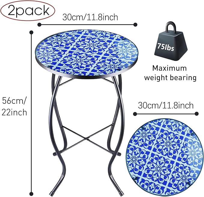 2PCS 12 Inch Small Outdoor Side Table with Blue-White Mosaic, Glass Mosaic Patio Table Indoor - Photo 3