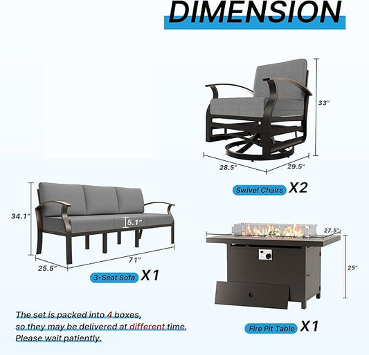 Gotland Aluminum Patio Furniture Set with Fire Pit Table, Metal Patio Furniture with 2 Swivel Rocking Chairs Waterproof 5.1'' Seat Cushions, Oversized Outdoor Sectional for Garden Balcony Porch Gray
