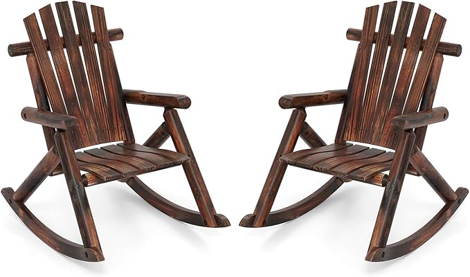 Giantex 2 Pcs Outdoor Wooden Rocking Chair, Adirondack Porch Rocker with High Back and Wide Seat, Rustic Log Patio Chair for Front Porch Backyard Garden Balcony Deck, Brown (27”x36”x 38”)