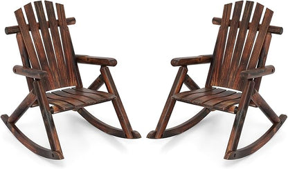 Giantex 2 Pcs Outdoor Wooden Rocking Chair, Adirondack Porch Rocker with High Back and Wide Seat, Rustic Log Patio Chair for Front Porch Backyard Garden Balcony Deck, Brown (27”x36”x 38”)