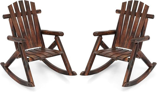 Giantex 2 Pcs Outdoor Wooden Rocking Chair, Adirondack Porch Rocker with High Back and Wide Seat, Rustic Log Patio Chair for Front Porch Backyard Garden Balcony Deck, Brown (27”x36”x 38”)