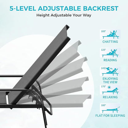 Outdoor Lounge Chair, Adjustable Patio Reclining Chaise with Textilene Fabric, Pool Lounge Chair with 5-Position Backrest for Patio, Garden, Poolside & Balcony,Grey Set of 6