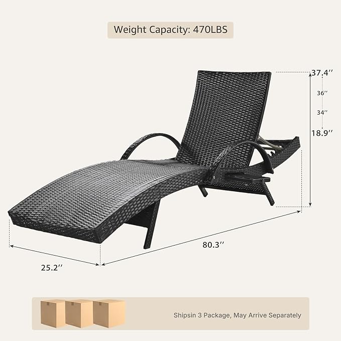 Set of 6 Black Outdoor Chaise Lounge Chairs, Wicker Patio Lounge Chairs with Adjustable Backrest and Armrests, Durable PE Rattan Pool Chair for Patio, Poolside and Garden