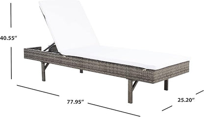 SAFAVIEH Outdoor Collection Cam Grey Brown Wicker/White Cushion Adjustable Chaise Lounge Chair, Black/Beige (PAT7501C)