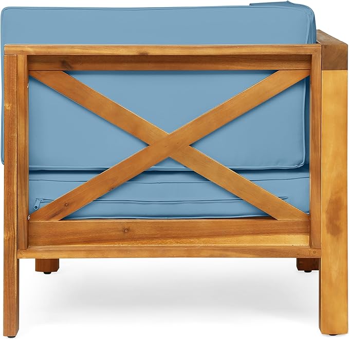 roomfitters Outdoor X-Back 3-Seater Sectional Sofa with Acacia Wood Frame and Cushions, Blue - Photo 6