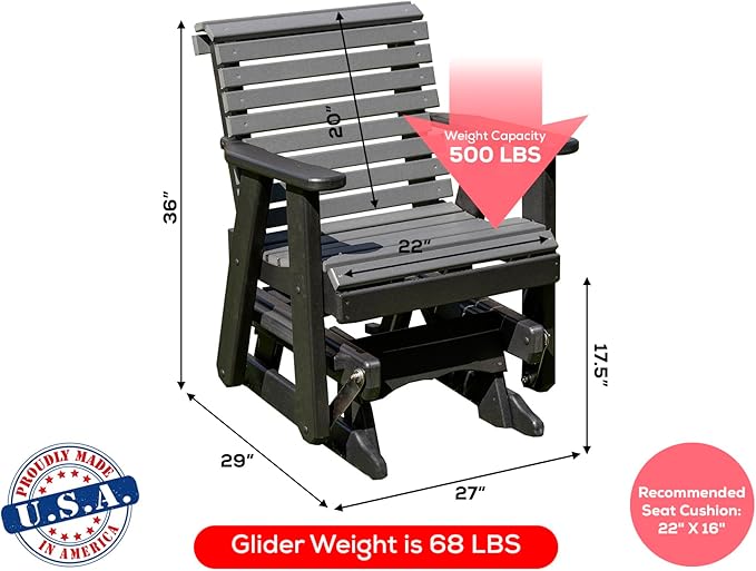 Amish Craftsmanship Made in USA 2FT Heavy Duty Poly Lumber Wood Porch Patio Glider HDPE with No Wood fibers Lancaster Series Rollback Design 500 lbs Limit Gray on Black
