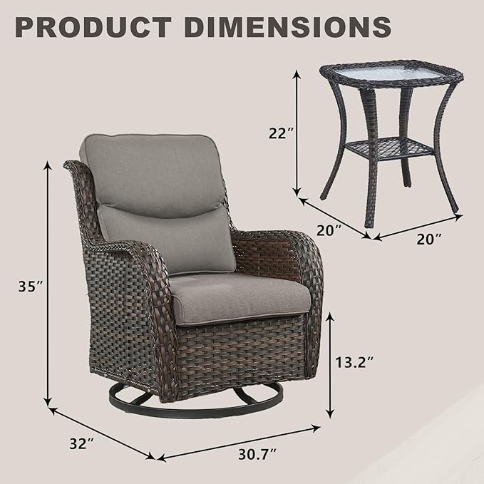 Rilyson Wicker Rocking Chair Swivel Chairs - 3 PC Rocker Patio Furniture Set Rattan Rocking Bistro Sets with Glass Top - Photo 5