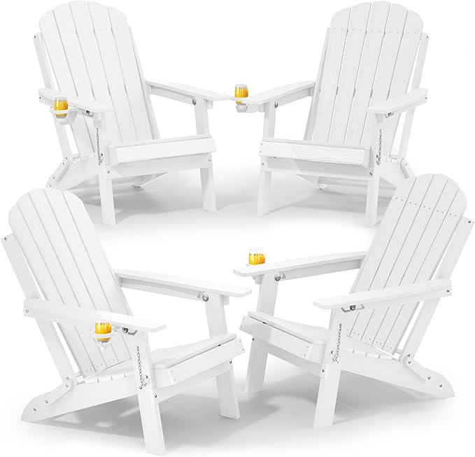 YEFU Adirondack Chair Set of 4 for Outdoor: Folding Plastic Composite Chair with Cup Holder for Patio - All-Weather Foldable Adjustable HDPE Fire Pit Adirondack Chairs - Modern Wood Texture
