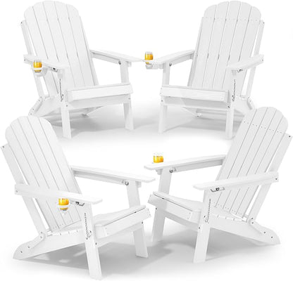 YEFU Adirondack Chair Set of 4 for Outdoor: Folding Plastic Composite Chair with Cup Holder for Patio - All-Weather Foldable Adjustable HDPE Fire Pit Adirondack Chairs - Modern Wood Texture