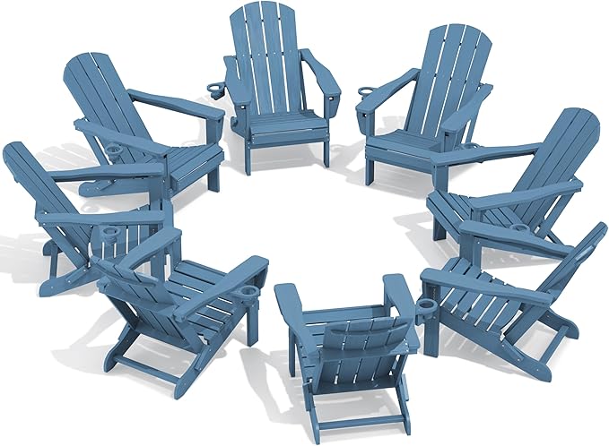 SERWALL Folding Adirondack Chair Set of 8, Adjustable Adirondack Chair with 3 Recline Positions, All Weather HDPE Outdoor Adirondack with Cup Holders, Blue