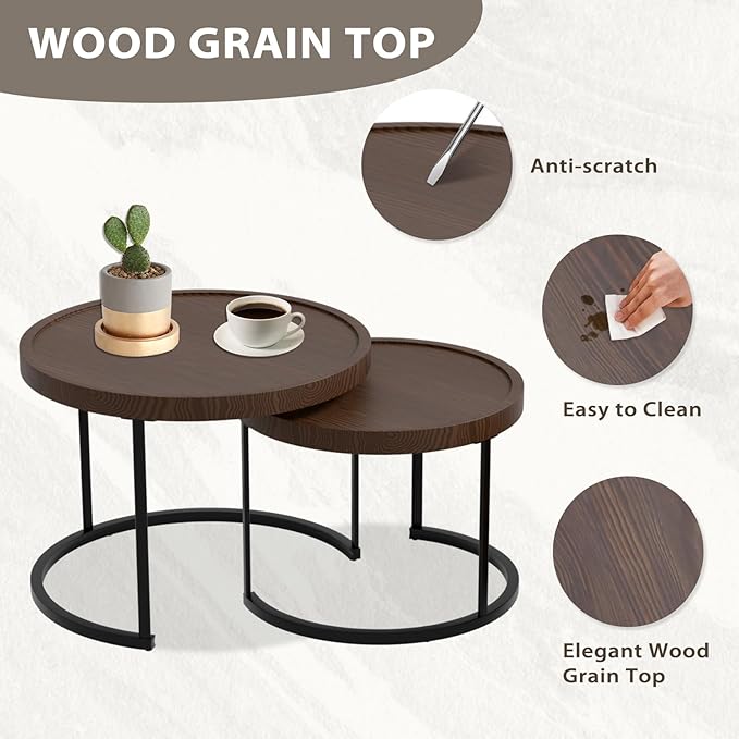 EAGLE PEAK Sunset Dune Collection Round Modern Nesting Coffee Tables, Wood Grain Top Stacking Accent Tables, Matching Ottoman, Indoor Outdoor, Set of 3, Blue