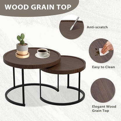 EAGLE PEAK Sunset Dune Collection Round Modern Nesting Coffee Tables, Wood Grain Top Stacking Accent Tables, Matching Ottoman, Indoor Outdoor, Set of 3, Blue