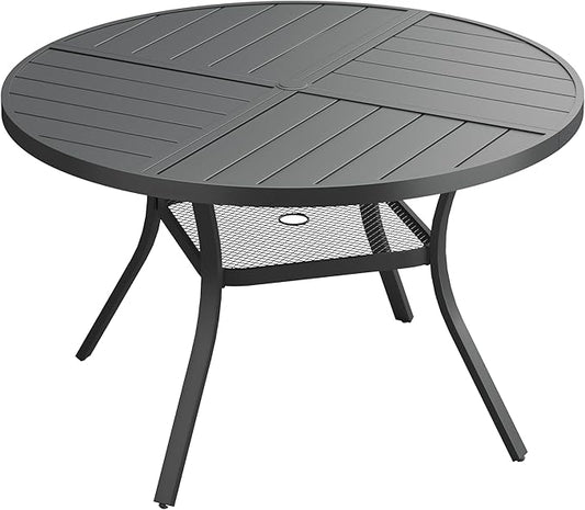 VICLLAX 40.6" Round Patio Dining Table for 4, All Weather Metal Outdoor Table with 1.57" Umbrella Hole and Storage Shelf for Garden Lawn Deck, Black
