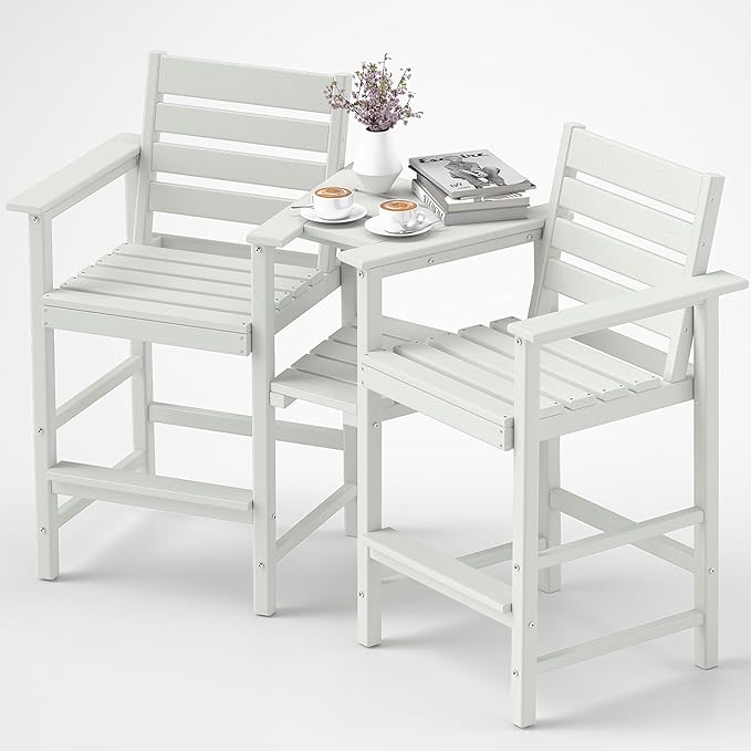 FOOWIN Tall Adirondack Chair Set of 2,HDPE Adirondack Bar Stools with Removable Connecting Trays,Weather Resistant Balcony Chair,Outdoor Adirondack Bar Chairs for Patio,Pool,Garden, Backyard White