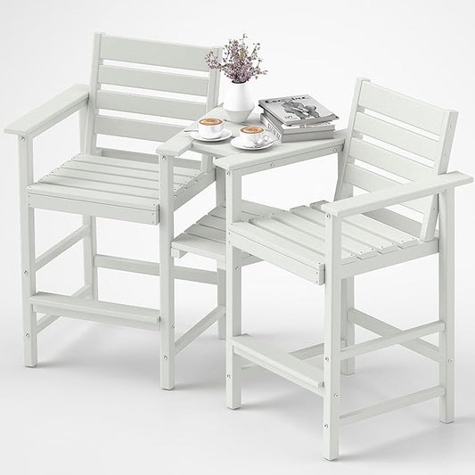 FOOWIN Tall Adirondack Chair Set of 2,HDPE Adirondack Bar Stools with Removable Connecting Trays,Weather Resistant Balcony Chair,Outdoor Adirondack Bar Chairs for Patio,Pool,Garden, Backyard White