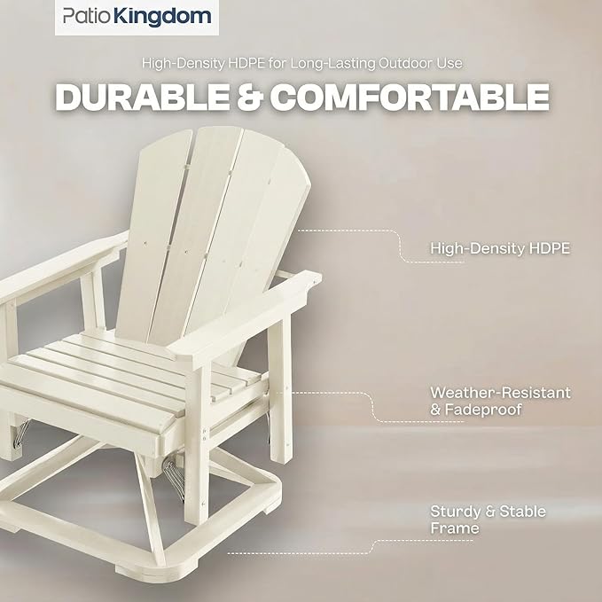 HDPE Swivel Glider Chair Outdoor, Weather Resistant Adirondack Outside Rocking Chair, Wooden Textured Outdoor Swivel Chair for Porch, Balcony, Poolside, Backyard (White)