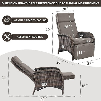 Belord Versatile Outdoor Recliner Chair - 2 Piece Reclining Patio Chair with Adjustable Backrest and Footrest, All-Weather Wicker Chaise Lounge Chair Outdoor for Pool Deck Brown