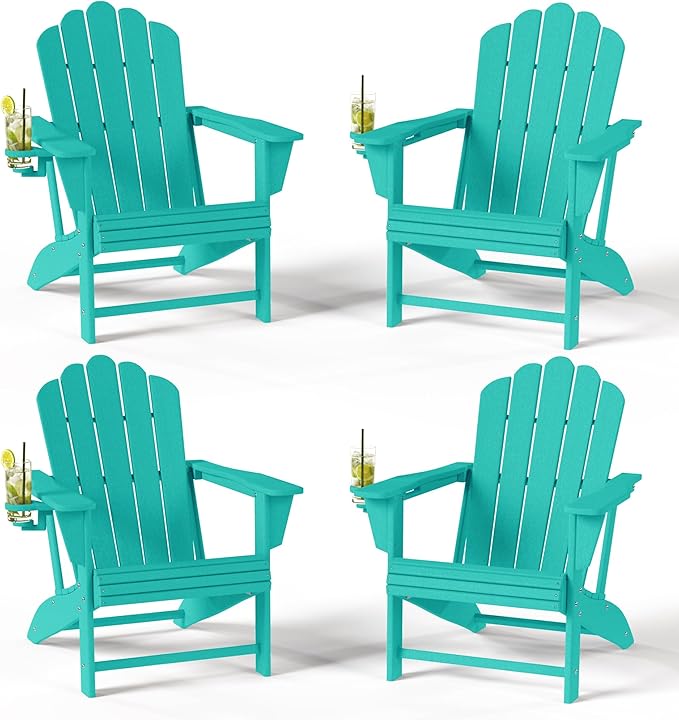 Costaelm Lakeview Outdoor Patio HDPE Adirondack Chairs with Cup Holders (Set of 4), Turquoise