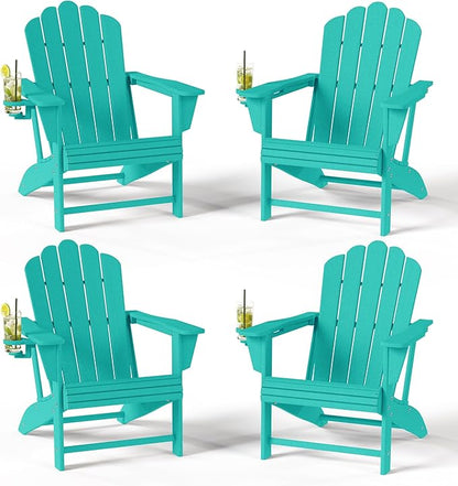 Costaelm Lakeview Outdoor Patio HDPE Adirondack Chairs with Cup Holders (Set of 4), Turquoise