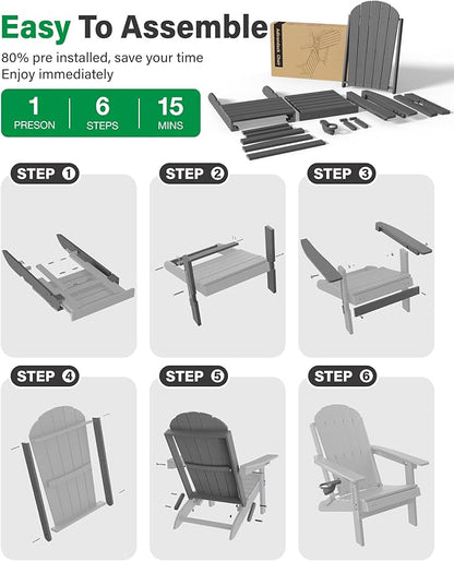YEFU Folding Adirondack Chair with Footrest: Adjustable Adirondack Chairs with Retractable Ottoman - Sturdy HDEP Plastic with Cup Holder - All Weather for Outdoor/Patio/Fire Pit/Outside/Pool(Grey)