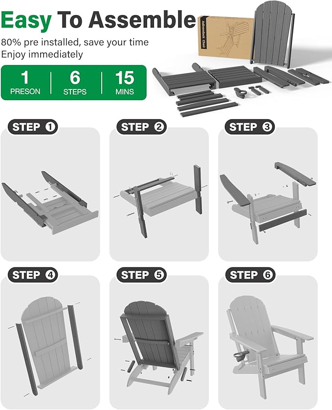 YEFU Adirondack Chairs Set of 2 for Outdoor: Folding Adirondack Chairs with Retractable Ottoman & Cup Holder - HDPE Plastic Adjustable All-Weather Chair for Patio/Pool/FirePit- Easy Assembly(Grey)