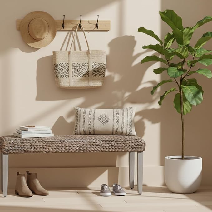 Solid Wood Acacia Indoor Bench with Natural Woven Seat, Wood Bench for Living Room or Entryway - Photo 4