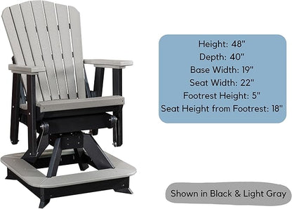 DutchCrafters Slat Fan Back Poly Balcony Adirondack Swivel Glider with Footrest Outdoor Patio Chair (White & Weatherwood)