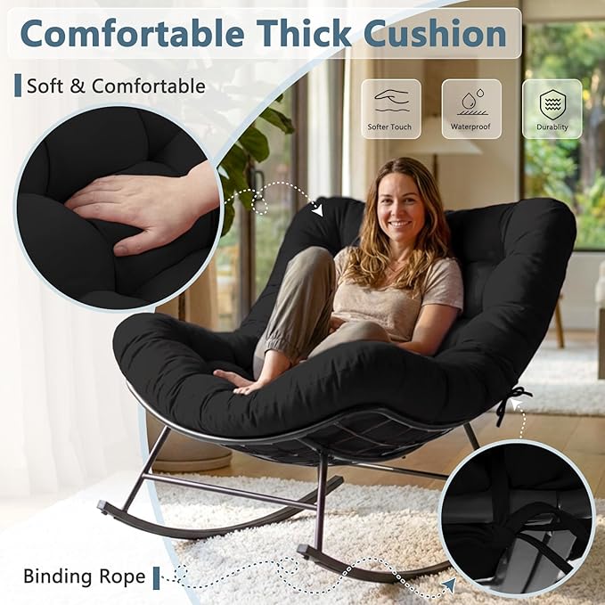 Cushioned Papasan Rocking Chair for Outdoor Indoor, Oversized Outdoor Rocking Chair with Cushion, Egg Rocker for Patio, Porch, Balcony, Lawn, Bedroom, Living Room, Black