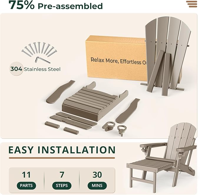 BRIOPAWS Adirondack-Chairs-with-Pull-Out-Footrest | Set of 2 | Folding | HDPE Plastic | Fire Pit Chair | All Weather | Cup Holders | Curved Back | Retractable Ottoman | for Poolside Deck | Light Brown