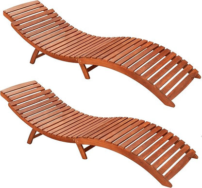 Flamaker Lounge Chairs for Outside Folding Acacia Wood Chaise Lounge with Side Handle Sun Lounger for Poolside, Lawn, Backyard (2 Piece)