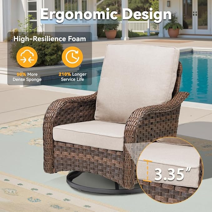 Wicker Rocking Swivel Glider Chair with Cushion for Porch, Balcony, and Backyard Use