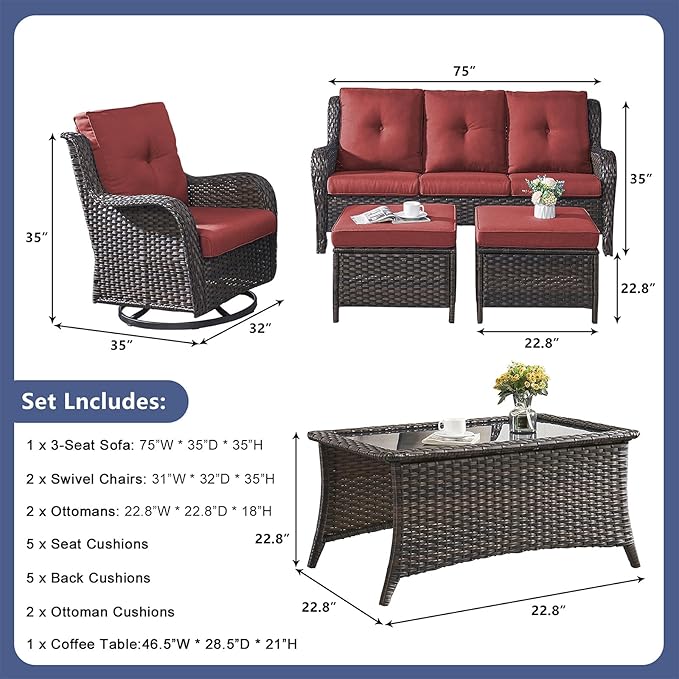 Rilyson Wicker Patio Furniture Set - 6 Piece Rattan Outdoor Sectional Conversation Sets with 2 Rocking Chair, 2 Ottoman - Photo 2