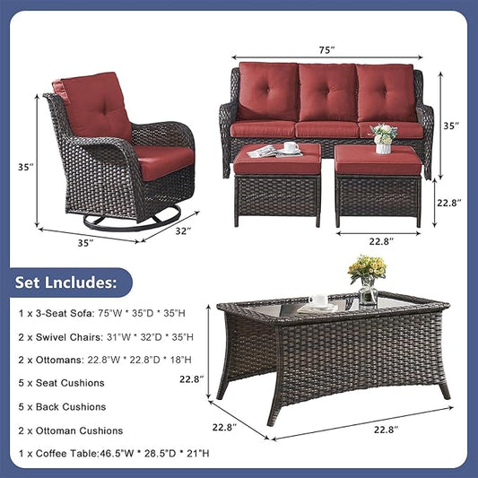 Rilyson Wicker Patio Furniture Set - 6 Piece Rattan Outdoor Sectional Conversation Sets with 2 Rocking Chair,2 Ottoman,1 Sofa and 1 Coffee Table for Porch Deck Garden(Brown/Red)