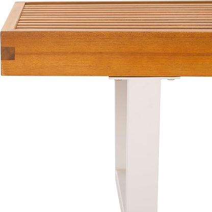 SAFAVIEH Outdoor Patio Furniture Collection – Heather Natural Brown Solid Wood Patio Bench with White Steel Legs, 72-Inch Modern Outdoor Seating for Garden, Porch or Patio (PAT7327A)