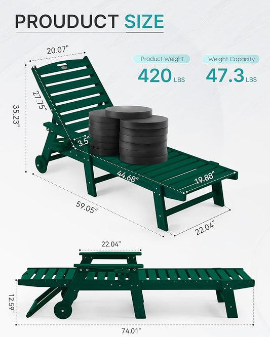 Chaise Lounge Chair Outdoor with Wheels, Oversize Patio Lounge Chairs with Wood Texture, 5-Position Plastic Lounge Chairs Set of 2-Green(Separate Delivery)