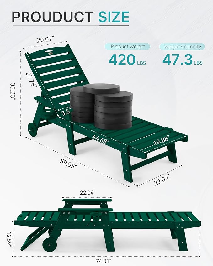 Chaise Lounge Chair Outdoor with Wheels, Oversize Patio Lounge Chairs with Wood Texture, 5-Position Plastic Lounge Chairs for Poolside, Patio, Deck, Beach(Green)