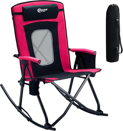 PORTAL Oversized Folding Rocking Camping Chair Portable Outdoor Rocker with High Back Hard Armrests Carry Bag, Supports 400 lbs
