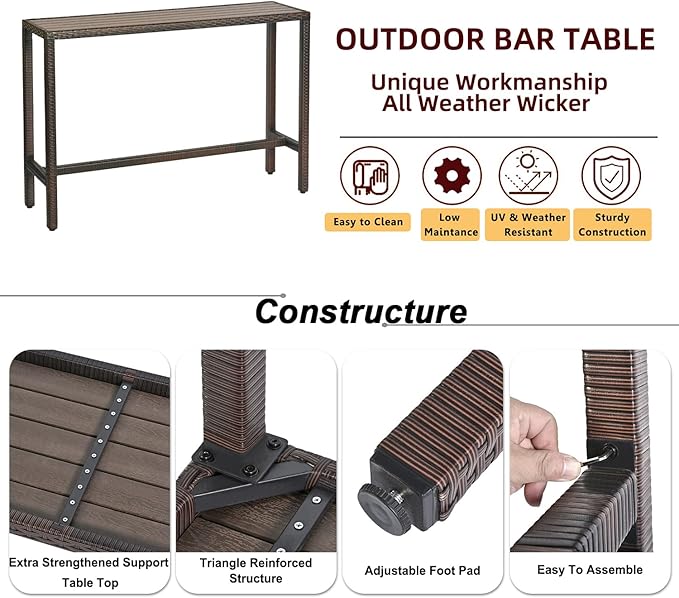 Outdoor Bar Table Patio Bar Height 55" Long Outdoor Console Table Hot Tub Tall Wicker High Top Pub Serving Table Narrow - Photo 7