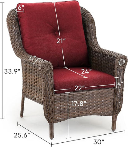 Patio Wicker Chairs Outdoor Furniture Chair - Set of 4 Outside All Weather Lawn Dining Brown Rattan Armchair with High Back&Deep Seating for Deck Porch Balcony Backyard Garden - Red