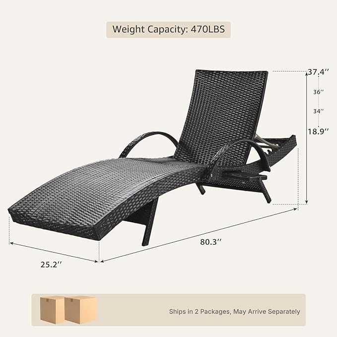 Set of 4 Black Outdoor Chaise Lounge Chairs, Wicker Patio Lounge Chairs with Adjustable Backrest and Armrests, Durable PE Rattan Pool Chair for Patio, Poolside and Garden