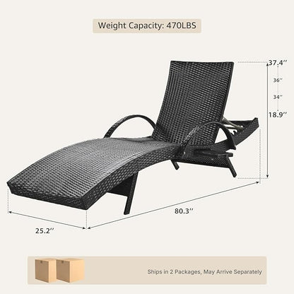Set of 4 Black Outdoor Chaise Lounge Chairs, Wicker Patio Lounge Chairs with Adjustable Backrest and Armrests, Durable PE Rattan Pool Chair for Patio, Poolside and Garden