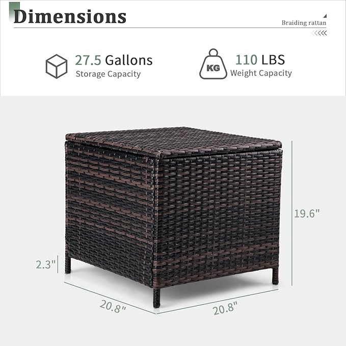 Outdoor PE Wicker Side Table with Storage, Patio Rattan End Table Square Container for Furniture and Gardening Tools