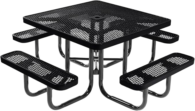 COATEDOUTDOORFURNITURE Heavy-Duty Portable Outdoor Picnic Table with Umbrella Hole, Expanded Metal Commercial-Grade Patio Dining Furniture Made in America (46" Square Top, Black)
