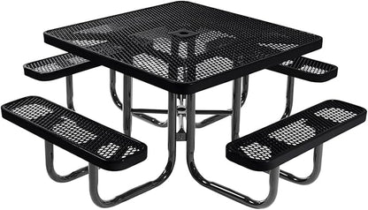 COATEDOUTDOORFURNITURE Heavy-Duty Portable Outdoor Picnic Table with Umbrella Hole, Expanded Metal Commercial-Grade Patio Dining Furniture Made in America (46" Square Top, Black)