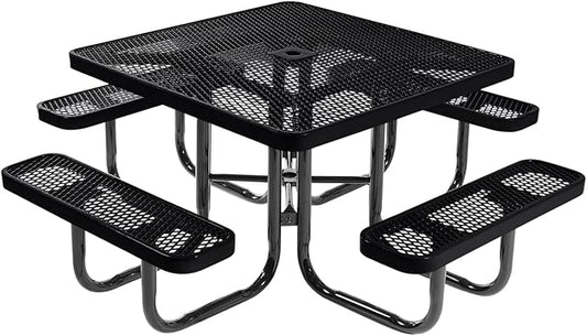 COATEDOUTDOORFURNITURE Heavy-Duty Portable Outdoor Picnic Table with Umbrella Hole, Expanded Metal Commercial-Grade Patio Dining Furniture Made in America (46" Square Top, Black)
